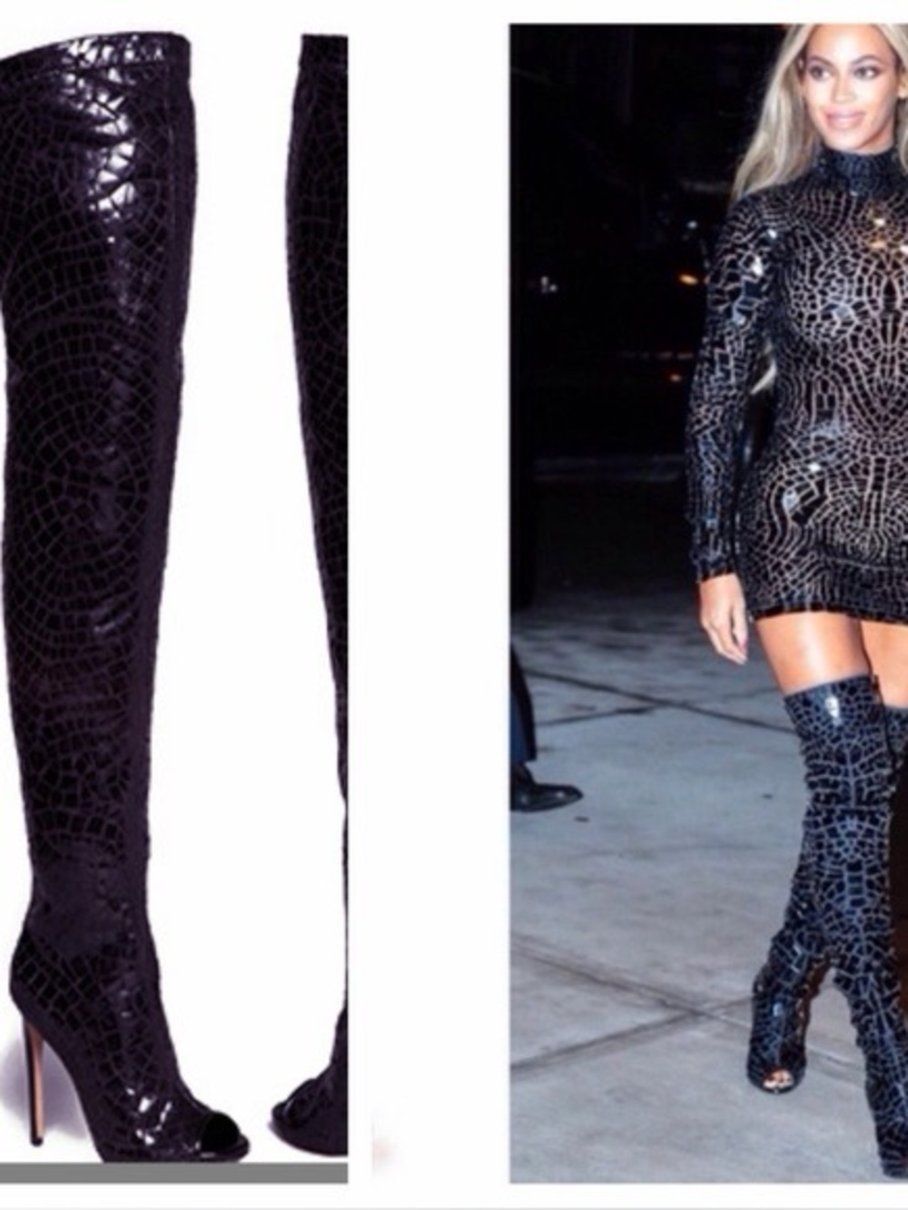 Black Croc-Embossed Thigh-High Boots